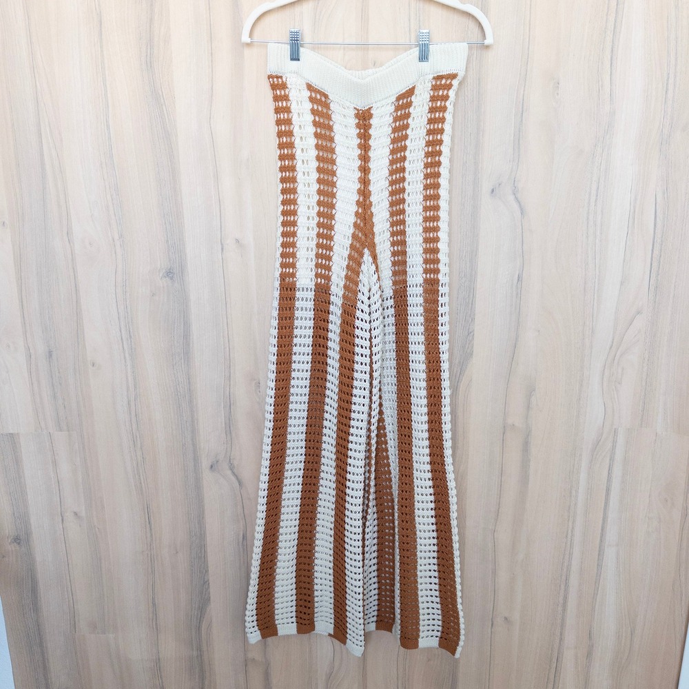 Solitaire Womens Crochet Wide Leg Pant L Cream Orange Stripe Beach Boho Festival